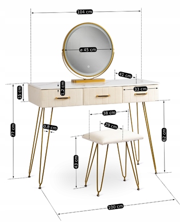 Туалетний столик Mebel Elite, колір крем, золотий хром, 104 x 77 x 41 см