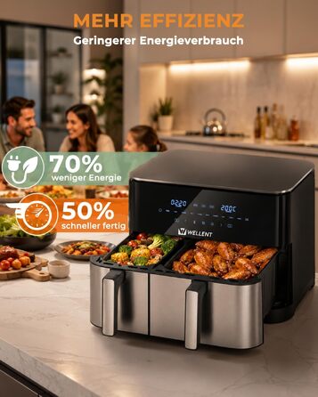Аерофритюрниця WELLENT Dual Zone XXL 11л (6+6л), 2950W, з двома камерами, вікном перегляду та функцією Match & Sync