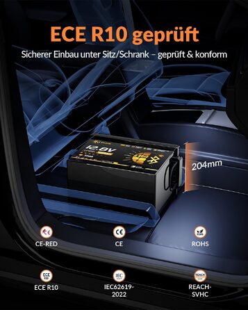 LiFePO4 акумулятор 12V 100Ah H190 ECE R10 з Bluetooth 5.4 для кемпера та автобудинку (Lithium Batterie 12V 334Ah MINI BT)