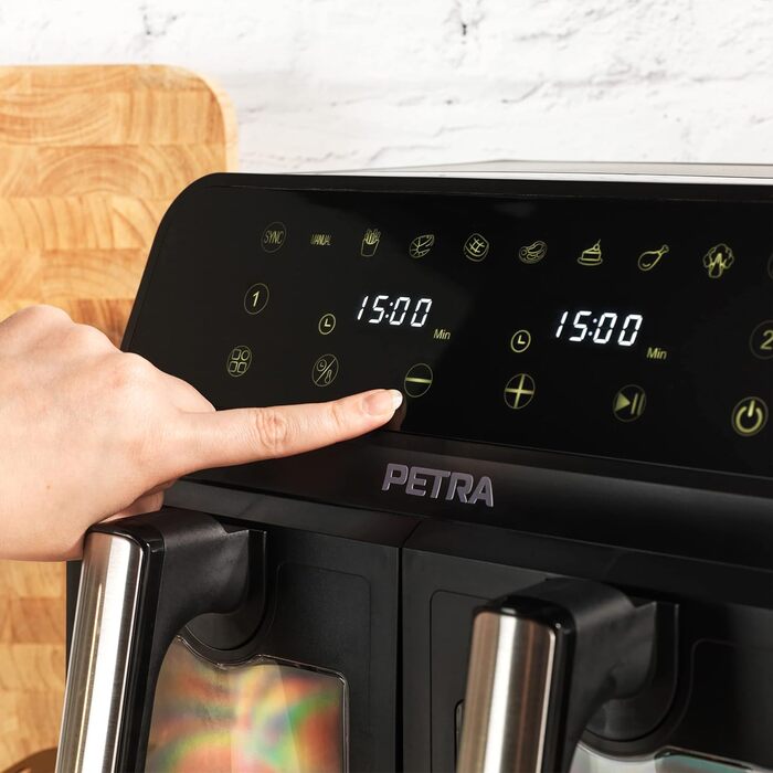 Подвійна аерофритюрниця Petra PT5196GWVDE 7,6 л, 1700 Вт, без масла, з двома антипригарними кошиками, оглядовими вікнами та 10 програмами приготування
