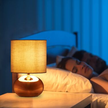 Настільна лампа Relaxdays з дотиком, кругла нічна лампа, E14, тканинний абажур, мідь/сірий, 27,5x18 см