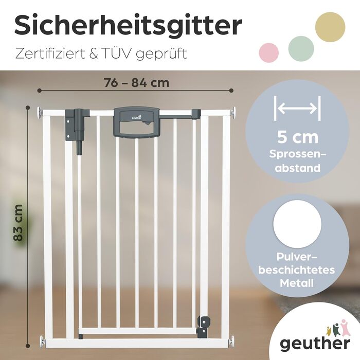 Захисний бар'єр на двері Geuther Easylock Plus для сходів, без свердління, 76-84 см, дерево-метал, двосторонній, сірий-натуральний