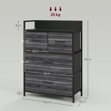 Комод, тумба, 4 висувні ящики з тканиною, індустріальний дизайн, 60x29x85 см, чорний