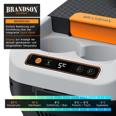 Електричний автохолодильник Brandson 10L (230V/12V) з функцією охолодження та підігріву до 65°C, Cool Grey Schwarz