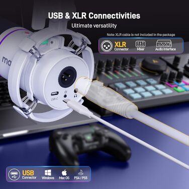 MAONO XLR/USB динамічний мікрофон для подкастів, RGB підсвітка, з програмним забезпеченням, кнопка вимкнення звуку, регулятор гучності, підвіс для стрімінгу, ігор, озвучення, запису, PD200XS, білий