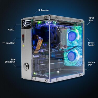 Корпус Pironman 5 з підтримкою NVMe M.2 SSD PCIe для Raspberry Pi 5, з AI прискорювачем Hailo-8L, Tower-охолодженням, подвійним RGB-вентилятором, OLED-дисплеєм 0,96'', функцією безпечного вимкнення, стандартним HDMI та RGB-підсвічуванням