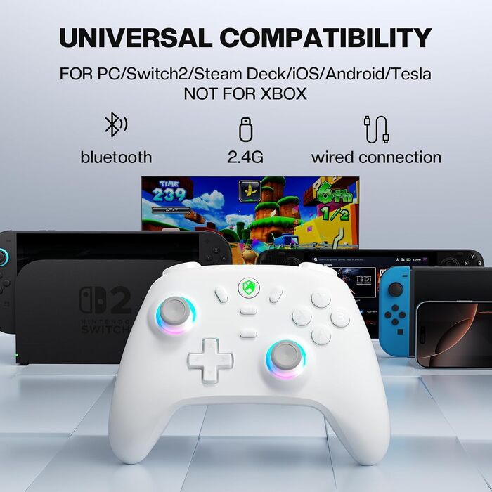 Бездротовий ігровий контролер ECHTPower для PC, Switch, Steam Deck, Android, iOS — RGB підсвічування, Hall-джойстики, вібрація, Turbo, акумулятор 800mAh (Білий)