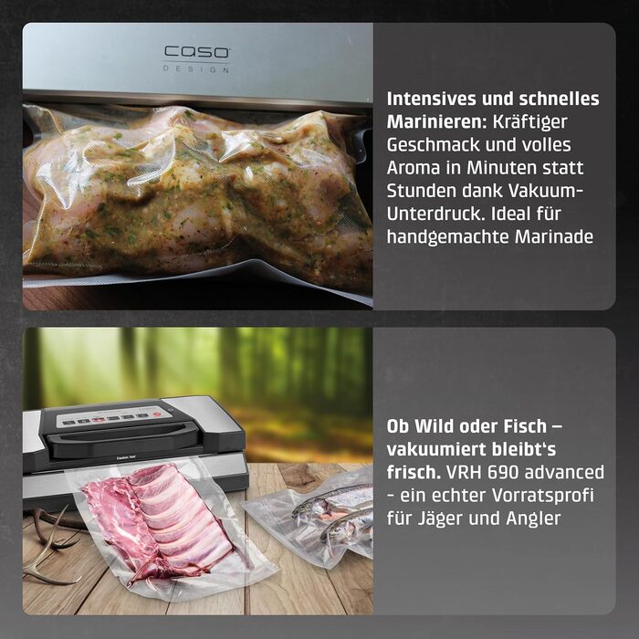 Вакууматор для продуктів CASO VRH 690 advanced: професійний вакуумний пакувальник, 20 л/хв, подвійний шов, вбудований різак, 150 циклів безперервно, з 2 рулонами плівки