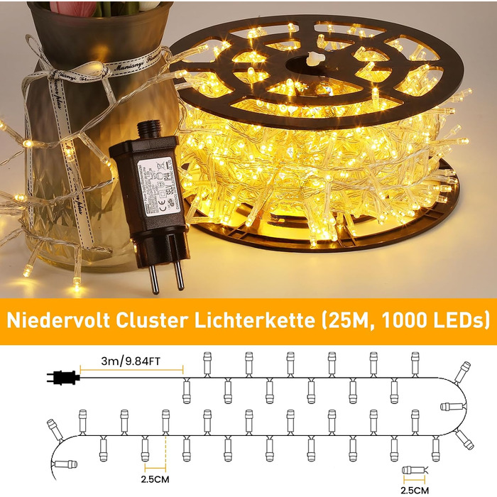 Світлодіодна гірлянда Elegear 1000 LED (25м), вулична новорічна ілюмінація, теплий білий колір, мережева