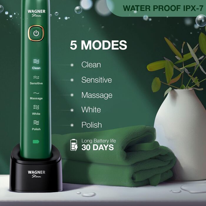 Звукова зубна щітка Wagner Stern Die Emerald Green Edition з відбілюванням, 5 режимів, 8 насадок, дорожня сумка