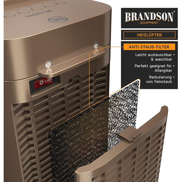 Керамічний обігрівач Brandson з дистанційним керуванням для ванної кімнати, енергозберігаючий, тихий, з осциляцією, 2 режими нагріву, таймер, сертифікат GS, золото