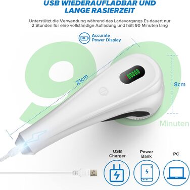 Електричний видальник ворсу з LED-дисплеєм, 6 лез, 2 рівня висоти, 2000 mAh, USB-C, 3 змінні леза, великий контейнер для одягу, диванів, ворсу, ковдр (білий)