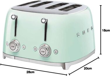Тостер Smeg TSF03WHEU 4 відділення пастельно-зелений, 6 режимів, розморожування, підігрів, функція бейгл, 2000 Вт