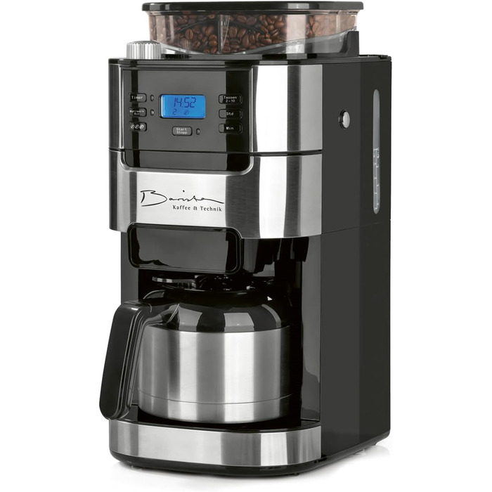 Кавомашина Barista Filterkaffeemaschine з регульованим млинком та скляною кавою | Функція підігріву, таймер 24 год та постійний фільтр | Для 10 чашок кави | Кавомашина для зерен та меленої кави [Нержавіюча сталь] (5) Нержавіюча сталь - термокава - з млинк