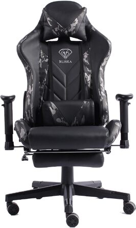 Ігрове крісло Gaming Chair з підніжкою, ергономічними 4D-підлокітниками та регульованою підтримкою спини, офісне крісло для геймерів (Чорний/Мілітарі-сірий)