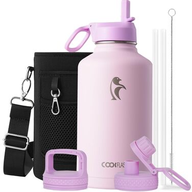 Термобутилка Coolflask 2Л зі сталею, трубою та 3 кришками, вакуумний ізольований спорт-флакон для води та офісу, герметична, рожева (1893 мл)