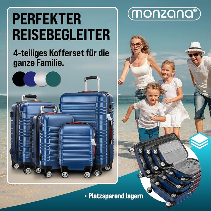 Набір валіз Monzana® 4шт: валіза, органайзер, ваги, ремінь, ручки, колеса, ніжки, блакитний колір. Розміри S, M, L, XL