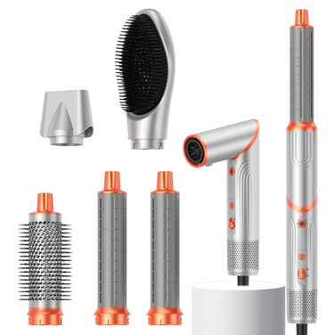 Мультистайлер для волосся 5-в-1 Faltbarer Airstyler: складаний фен-щітка з ефектом Коанда, іонізацією та плойкою (110 000 об/хв), дорожній набір для укладки, сріблясто-помаранчевий