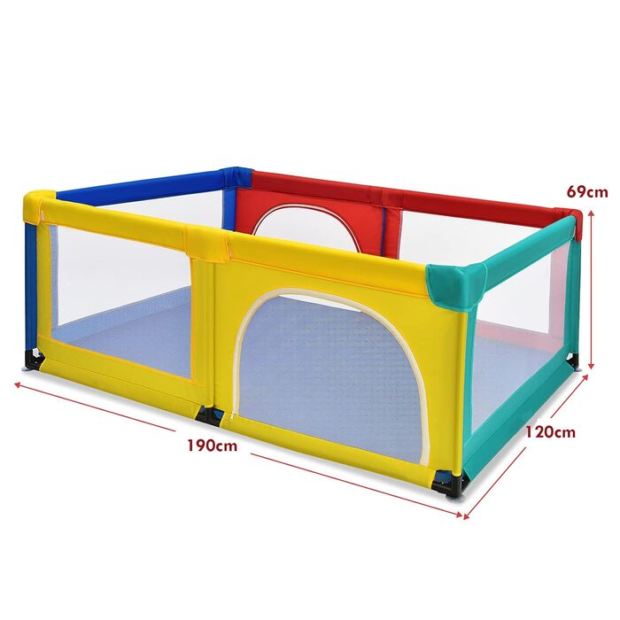 Манеж для дітей COSTWAY 120x190 см з 50 ігровими кульками, дихаюча сітка, 2 двері, кольоровий, для немовлят та малюків