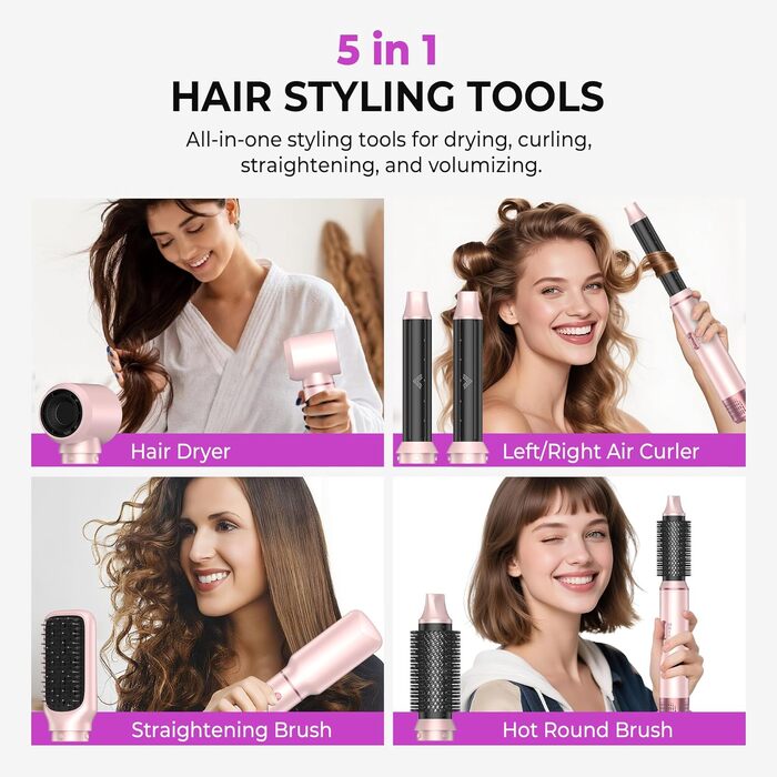 Airstyler 5 в 1: Фен-щітка для волосся з насадкою для локонів, чорно-золотий (5 в 1: Рожевий) - професійний стайлер для укладання
