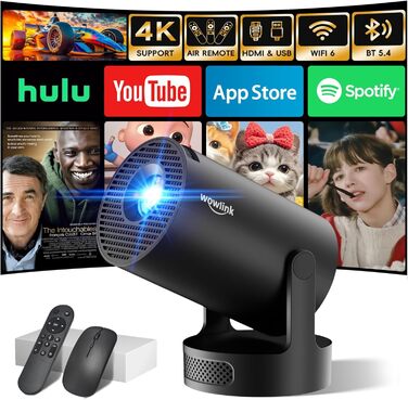 Портативний проєктор Mini Beamer 4K/1080P з WiFi 6 та Bluetooth 5.4. Підтримка HDMI, TV Stick, Memory Stick, Laptop. Автоматичне вирівнювання Keystone, чорний