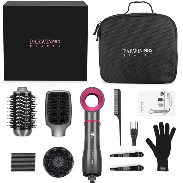 Фен-щітка 4-в-1 PARWIN PRO BEAUTY, 1000 Вт, іонна, професійна, насадки для сушки, випрямлення, об'єму та стайлінгу, сіра