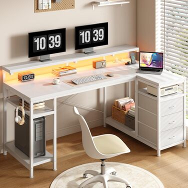 Ігровий стіл L-подібний з LED підсвіткою, 3 шухляди, USB-порт, розетка, тримач для монітора, 140x80 см, білий