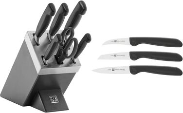Набір ножів ZWILLING Vier Sterne 7 предметів з автозаточкою, 6 ножів для кухні, 12 см, нержавіюча сталь, ручки Twin Grip, чорний (сірий, набір з овочевими ножами 3 шт.)