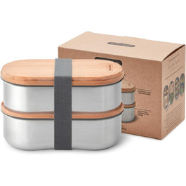 Ланч-бокс Bento BLACK+BLUM з нержавіючої сталі та бамбуковою кришкою, 2x500 мл, герметичний, з вилкою, розділювачем і обробною дошкою, Sara Kiyo Popowa Edition, для дорослих