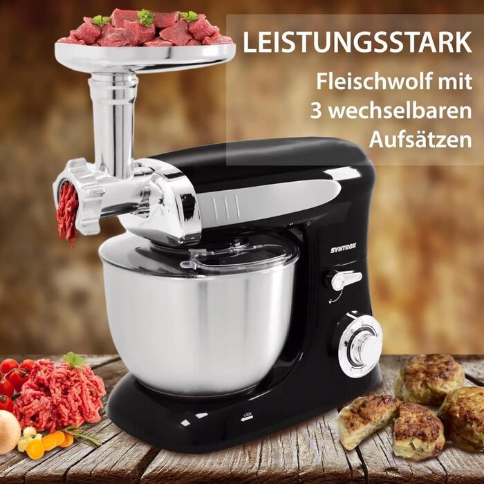 Кухонна машина Syntrox Germany Deluxe 1300 Вт, м'ясорубка і міксер, багатофункціональний міксер з насадками, універсальна кухонна техніка, чорна