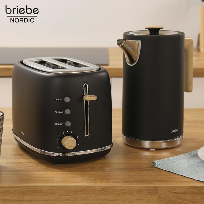Тостер Briebe Nordic Set 2-слотовий з широкими прорізами, підставка для булочок, 6 режимів + Електричний чайник 1.7л 2200Вт, швидке нагрівання, без BPA, набір для сніданку, чорний