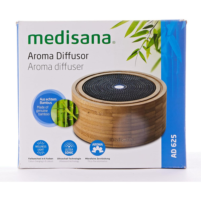 Аромадифузор Medisana AD 625 з бамбука, електричний з таймером, для ефірних олій, 100 мл, підсвічування 6 кольорів, очищувач повітря та освіжувач кімнати