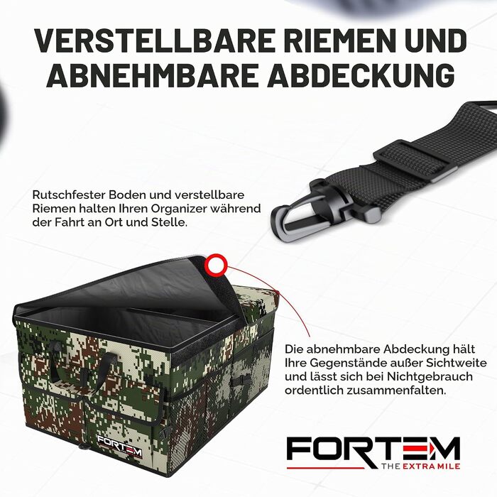Органайзер у багажник автомобіля FORTEM (85 л) — складана сумка-контейнер з відділеннями, протиковзаючим дном та ременями фіксації, колір: лісовий камуфляж, розмір L