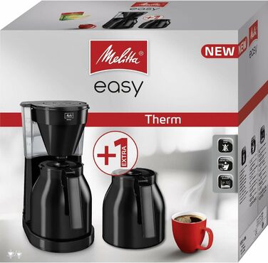Кавоварка Melitta Easy Therm з подвійною термокавником, крапельна фільтр-кавоварка з функцією захисту від протікання, для 8 чашок, чорна, 2 термокавники
