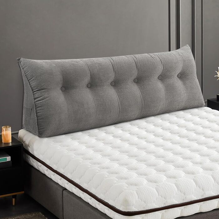 Подушка трикутна для спини OHMG 180x50x20 см, сіра - для ліжка та дивана, з кишенею, знімний чохол