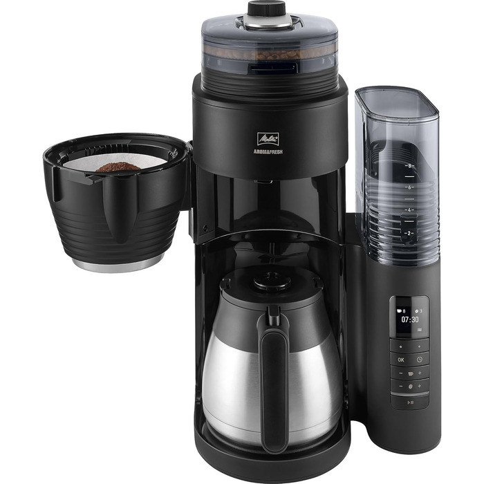 Кавоварка Melitta AromaFresh Therm Pro X з млином, термокухлем і знімним резервуаром для води, фільтраційна кавомашина на 8 чашок, чорна