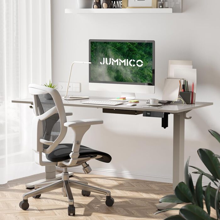 Електричний підйомний стіл JUMMICO 140x80 см, ергономічний комп'ютерний стіл для роботи сидячи-стоячи з зарядним пристроєм та кабелем-менеджментом, сірий