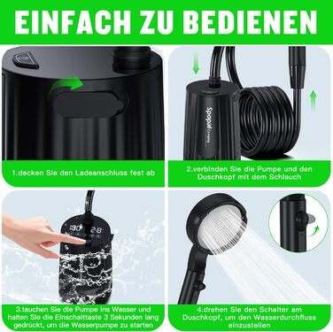 Мобільний душ Campingdusche з акумулятором 10000mAh, комплект для кемпінгу, відпочинку на природі, автомийки, пляжу, чорного кольору