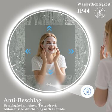 LED-дзеркало для ванної кімнати з підсвічуванням, кругле, 50 см, сенсорне керування, регулювання яскравості, функція пам'яті, дзеркало з HD-скла, захист від вибуху, запобігання запотіванню, 3 кольори світла, 60x60 см