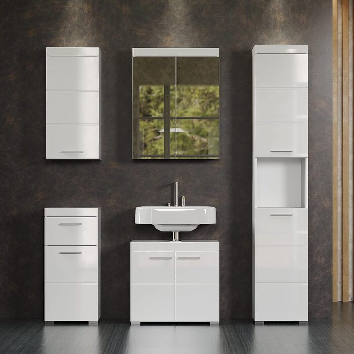 Висока шафа для ванної trendteam Amanda, білий глянцевий, 37x190x31 см, сучасний дизайн