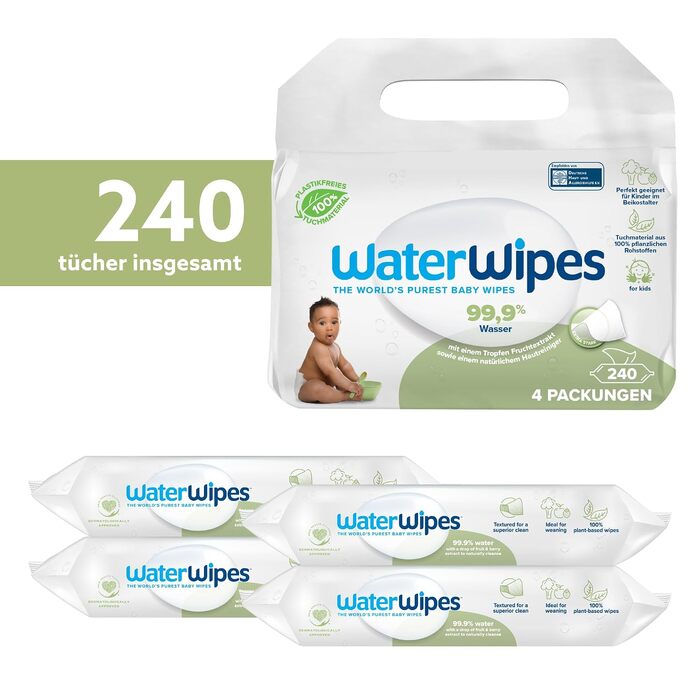 Дитячі вологі серветки WaterWipes Sensitive+ для немовлят та дітей, 99,9% води, 240 шт (12 пачок по 20 шт)