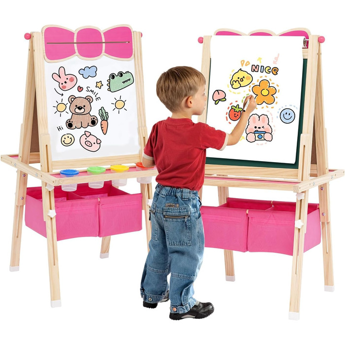 Дерев'яна мольберт Kinder Tafel з паперовою рулонкою, регульована висота, рожевий колір, двосторонній (whiteboard та дошка)