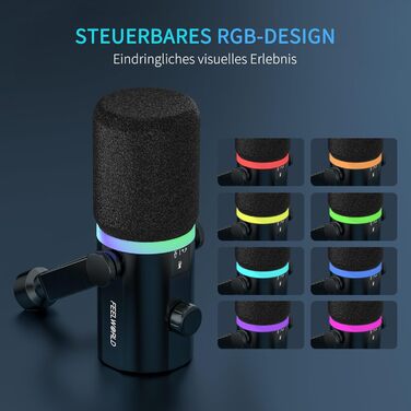 FEELWORLD PM1: Динамічний мікрофон XLR/USB з RGB-підсвіткою для подкастів, YouTube, геймінгу та студії. З навушником, підставкою та кабелем.