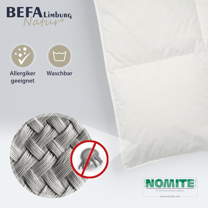 BEFA NATUR Daunendecke 'Ганцйар' 135x200 см: 90% пух, 10% перо, 624г, для алергіків, сертифікат DOWNPASS, Oeko-Tex® Клас 1, Made in Germany