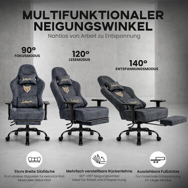 Ігрове крісло Gamer Sessel для геймерів, оббивка під замшу, 3D-підлокітники, з підніжкою та підтримкою попереку, посилена конструкція до 220 кг, сіре (Oversize)
