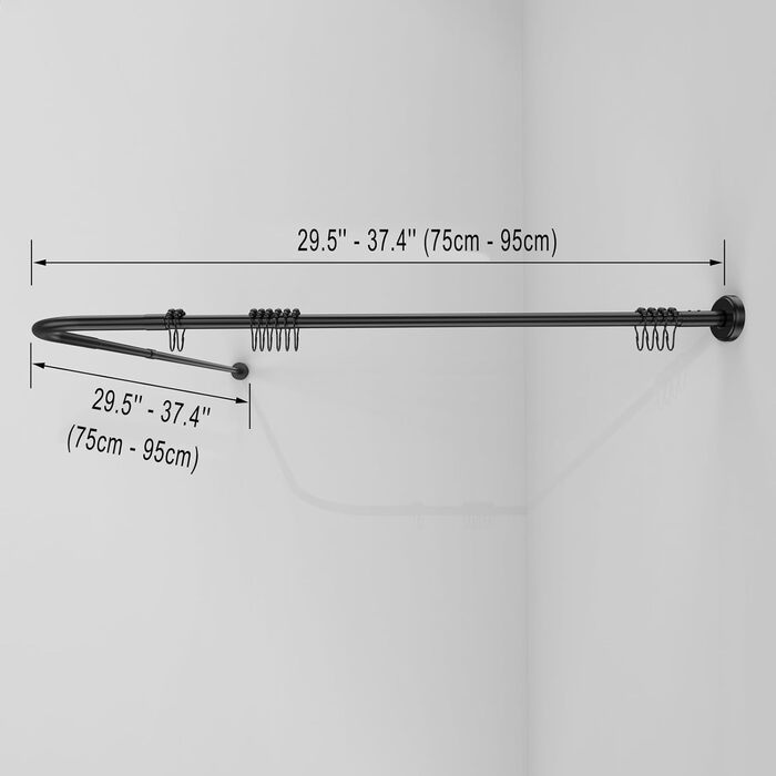 Чорний L-подібний карниз для душової штори, регульований, 75-95x75-95 см, для ванної кімнати та ванни