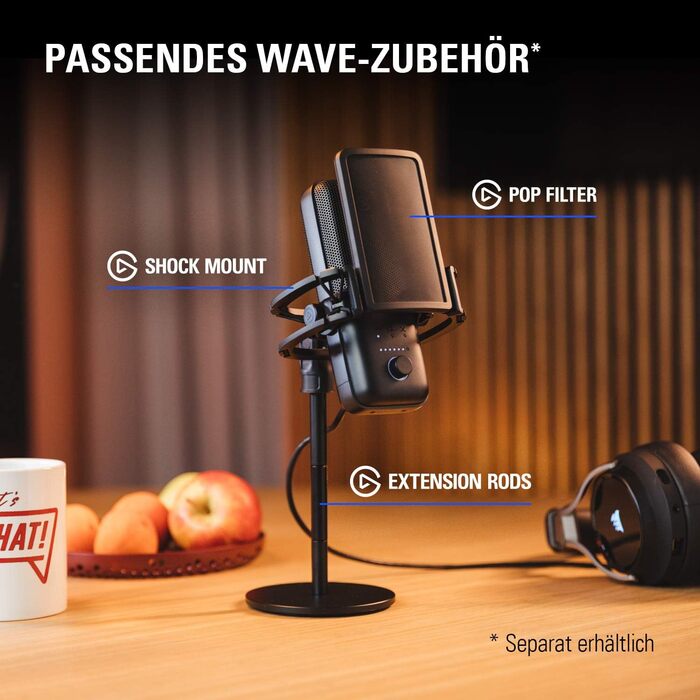 Elgato Wave:3 – професійний USB конденсаторний мікрофон для стрімінгу, подкастів, ігор та домашнього офісу, з безкоштовним мікшуванням і плагінами звукових ефектів, захист від спотворень, Plug & Play, для Mac і ПК