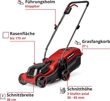 Акумуляторний газонокосарка Einhell City GE-CM 18/30 Li Kit Power X-Change (18 В, ширина косіння 30 см, до 150 м², Brushless, кошик 25 л, висота косіння 30-70 мм, з акумулятором 3.0 Ah + зарядним пристроєм)