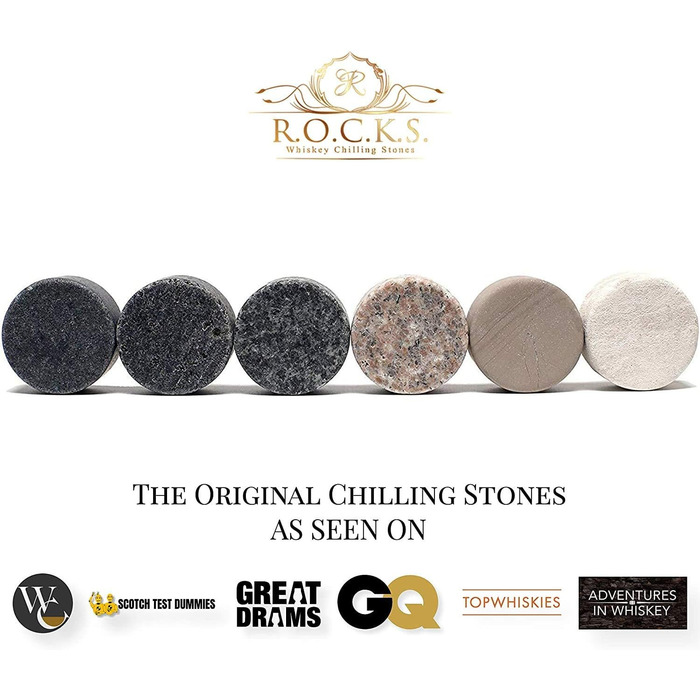 Подарунковий набір: склянка для віскі та 6 круглих гранітних каменів Rocks у коробці з золотою фольгою – дегустаційний келих для скотчу й бурбону, дерев'яна підставка