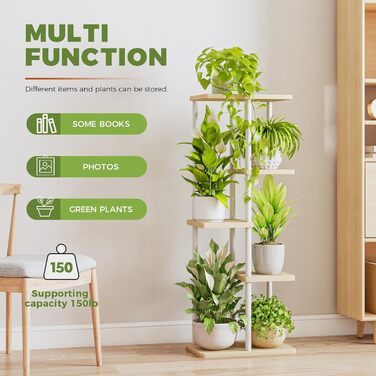 Квіткова підставка Bamworld з дерева і металу, 5-ярусна, біла, для квітів і рослин, для саду, балкона, вітальні, кутова